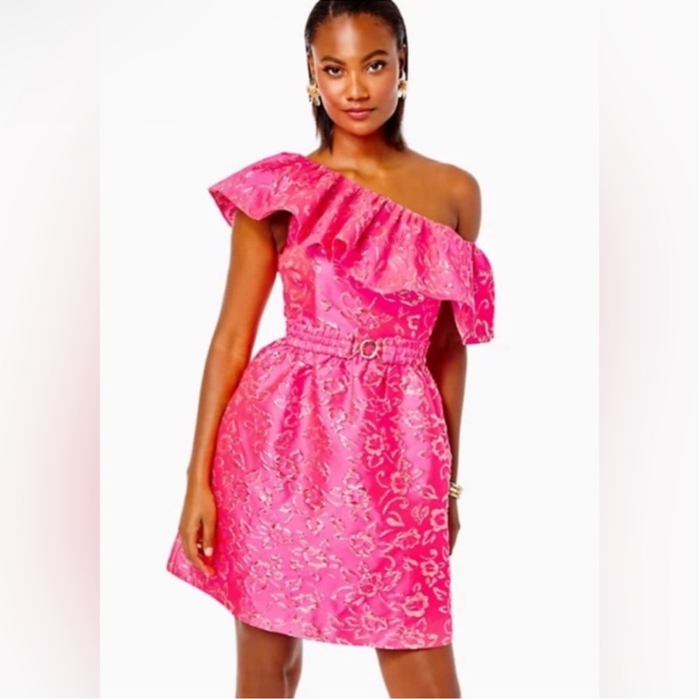 Lilly Pulitzer Shannie One  Shoulder Dress, NWT pink and gold size 12
